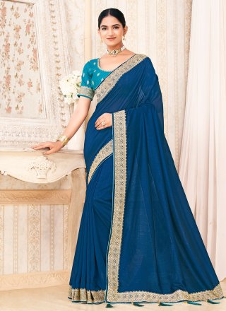 Zari Work Vichitra Silk Contemporary Saree In Blue for Ceremonial