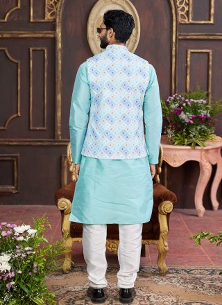 Zesty Firozi and Multi Colour Art Silk Kurta Payjama with Jacket with Digital Print Work