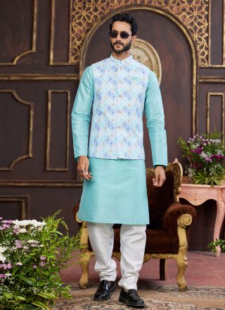 Zesty Firozi and Multi Colour Art Silk Kurta Payjama with Jacket with Digital Print Work