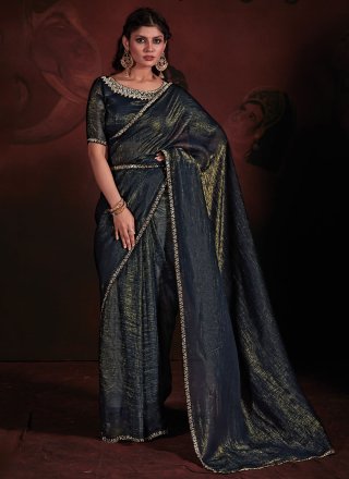 Zircon Work Chiffon Classic Sari In Blue