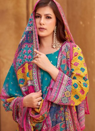 Aari, Digital Print, Hand and Mirror Work Muslin Pant Style Suit In Blue
