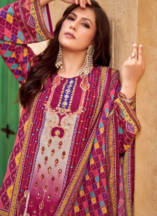 Aari, Digital Print, Hand and Mirror Work Muslin Salwar Suit In Maroon