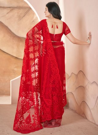 Aari, Embroidered and Stone Work Net Contemporary Sari In Red for Ceremonial