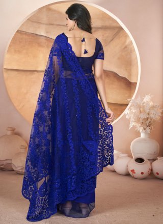 Aari, Embroidered and Stone Work Net Traditional Saree In Blue Color