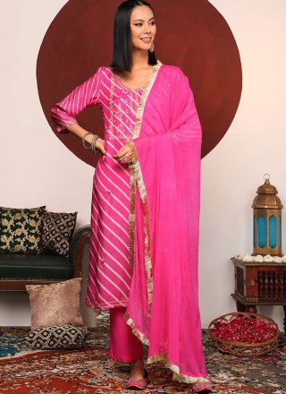 Abstract Print Work Cotton Readymade Salwar Suit In Pink