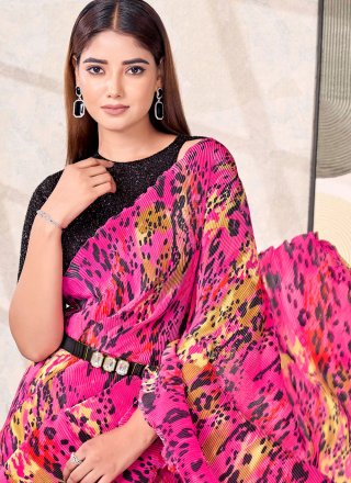 Abstract Print Work Satin Silk Classic Sari In Fuchsia