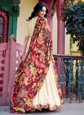 Adorable Off White Vichitra Silk A - Line Lehenga Choli with Patch Border, Booti, Embroidered and Print Work