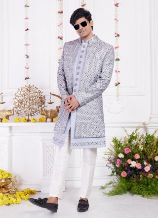 Adorning Blue and Grey Art Silk Indo Western with Thread Work