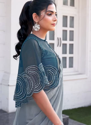 Aesthetic Blue and Grey Satin Silk Traditional Saree