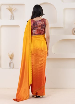 Aesthetic Yellow Satin Classic Saree with Print Work