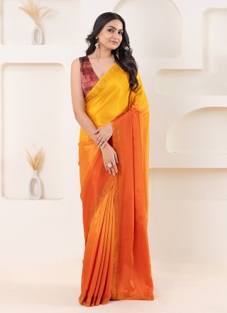 Aesthetic Yellow Satin Classic Saree with Print Work
