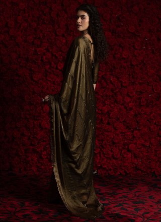 Alluring Green Satin Silk Contemporary Sari with Zircon Work