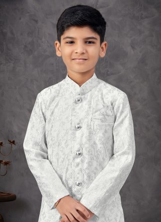Amusing Off White Silk Indo Western with Machine Embroidery and Thread Work