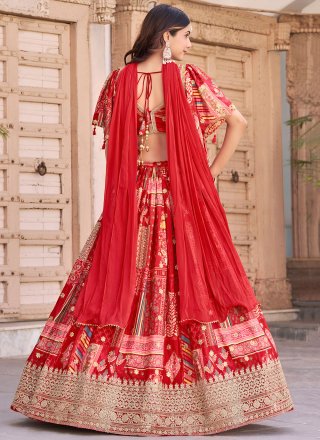 Amusing Red Chinon A - Line Lehenga Choli