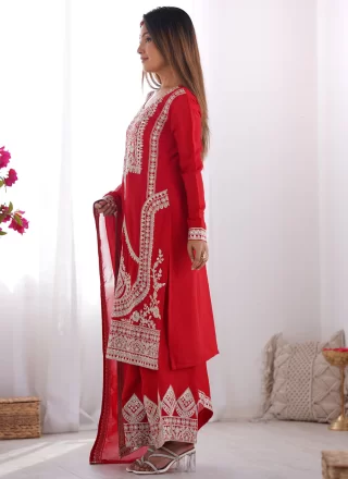 Amusing Red Vichitra Silk Salwar Suit with Embroidered Work