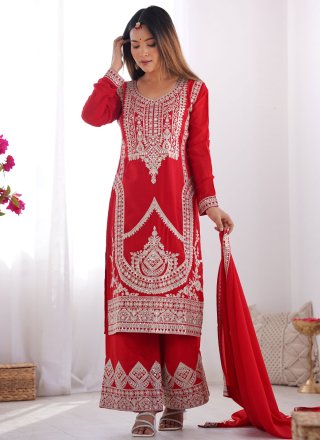Amusing Red Vichitra Silk Salwar Suit with Embroidered Work