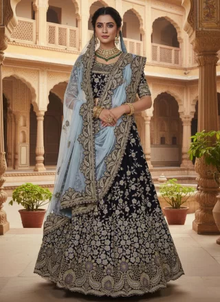 Appealing Blue Velvet Lehenga Choli with Embroidered and Thread Work
