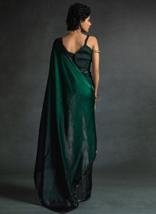 Appealing Green Satin Silk Traditional Saree with Patch Border and Diamond Work