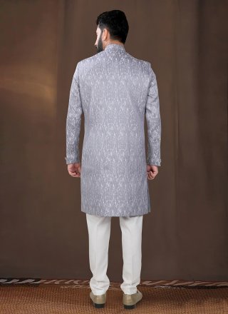 Appealing Grey Jacquard Indo Western with Woven Work