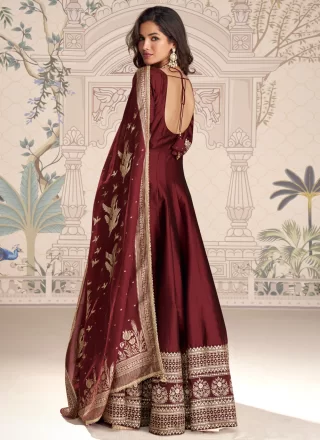 Appealing Maroon Vichitra Silk Designer Gown with Embroidered and Sequins Work