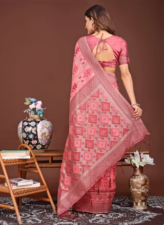Appealing Peach Cotton Trendy Saree with Weaving Work