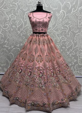 Appealing Peach Net Lehenga Choli with Dimond, Dori, Embroidered, Multi, Sequins, Thread and Zircon Work