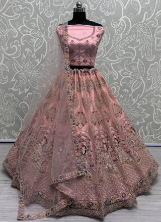 Appealing Peach Net Lehenga Choli with Dimond, Dori, Embroidered, Multi, Sequins, Thread and Zircon Work