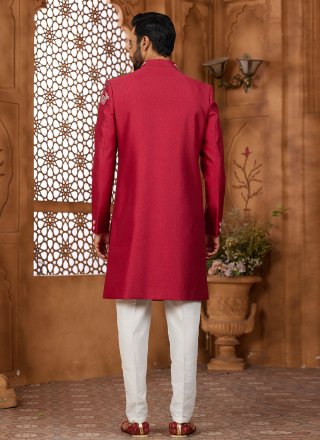 Appealing Red Silk Indo Western Sherwani with Hand and Machine Embroidery Work