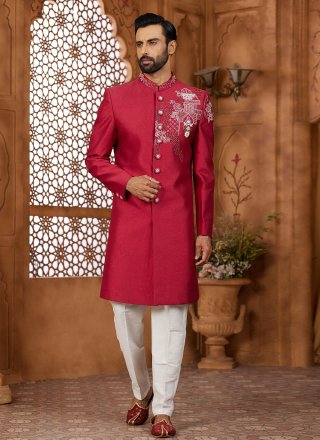 Appealing Red Silk Indo Western Sherwani with Hand and Machine Embroidery Work