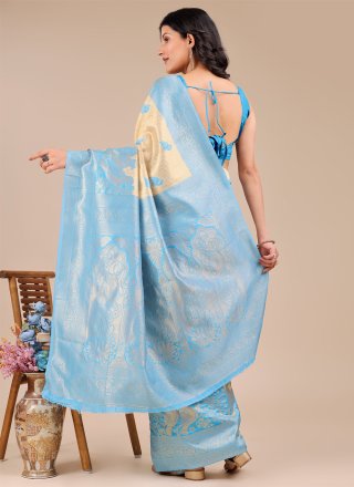Aqua Blue and Cream Banarasi Silk Contemporary Sari with Weaving Work