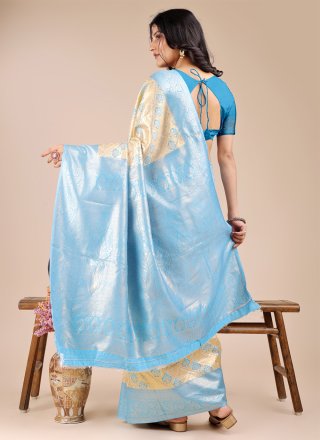 Aqua Blue and Cream Banarasi Silk Weaving Work Contemporary Sari