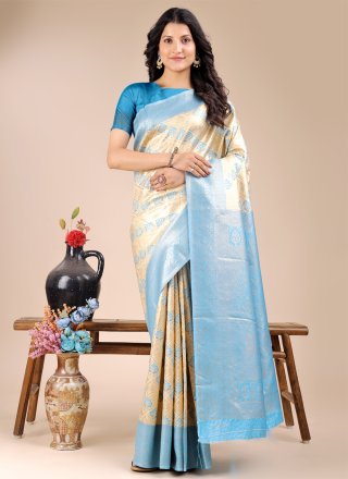 Aqua Blue and Cream Banarasi Silk Weaving Work Contemporary Sari