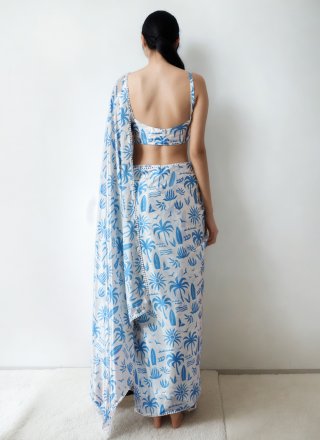 Aqua Blue and Cream Chinon Patch Border, Digital Print and Lace Work Contemporary Saree for Casual