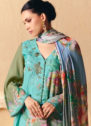 Aqua Blue and Green Digital Print, Embroidered, Patch Border and Resham Work Muslin Salwar Suit