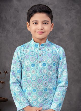 Aqua Blue and Multi Colour Rayon Kurta Pyjama with Digital Print and Embroidered Work