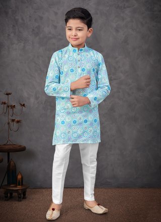 Aqua Blue and Multi Colour Rayon Kurta Pyjama with Digital Print and Embroidered Work