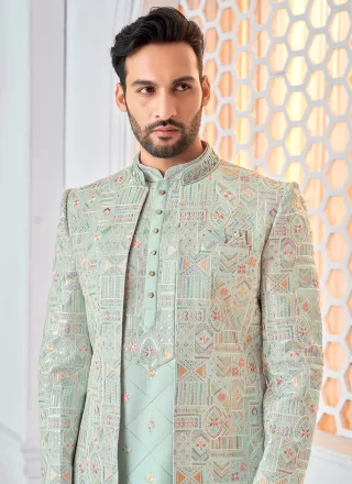 Aqua Blue and Multi Colour Silk Embroidered Work Indo Western