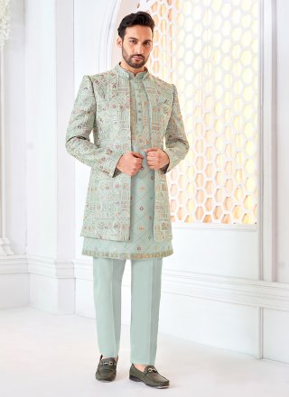 Aqua Blue and Multi Colour Silk Embroidered Work Indo Western
