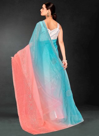 Aqua Blue and Peach Silk Shaded Saree with Swarovski Work
