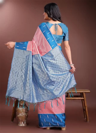 Aqua Blue and Peach Silk Trendy Saree with Weaving Work for Casual