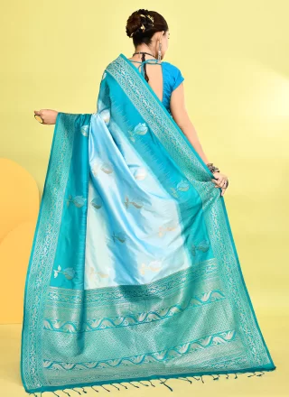 Aqua Blue and Rama Silk Classic Saree with Patch Border, Plain and Weaving Work