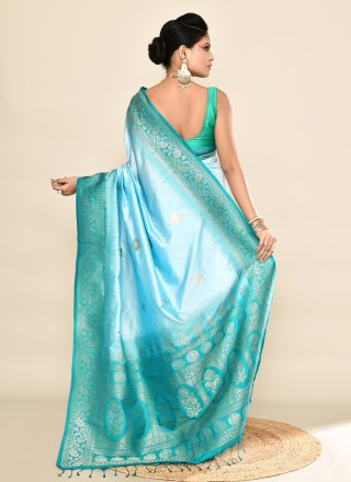 Aqua Blue and Rama Silk Classic Sari with Patch Border, Plain and Weaving Work for Ceremonial