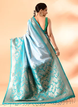 Aqua Blue and Rama Silk Patch Border, Plain and Weaving Work Contemporary Saree