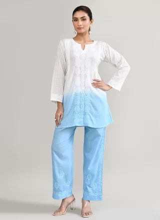 Aqua Blue and White Cotton Casual Kurti with Chikankari Work