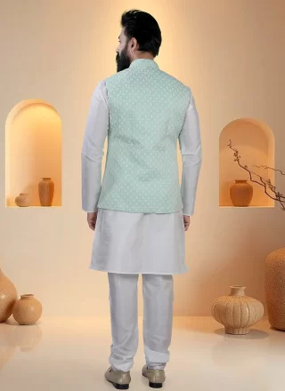 Aqua Blue and White Silk Sequins and Thread Work Kurta Payjama with Jacket