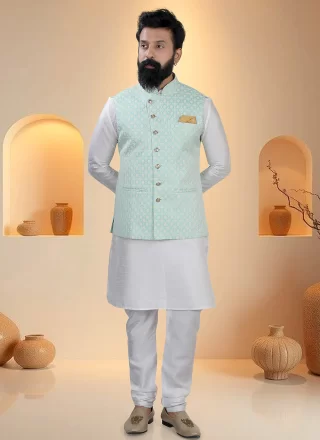 Aqua Blue and White Silk Sequins and Thread Work Kurta Payjama with Jacket