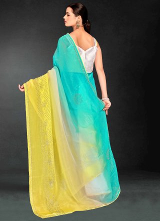 Aqua Blue and Yellow Silk Shaded Saree with Swarovski Work