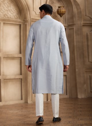 Aqua Blue Art Banarasi Silk Kurta Pyjama with Mirror and Plain Work