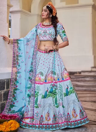 Aqua Blue Art Silk A - Line Lehenga Choli