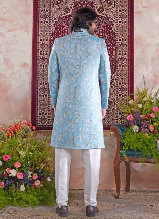 Aqua Blue Banarasi Jacquard Indo Western with Jacquard Work